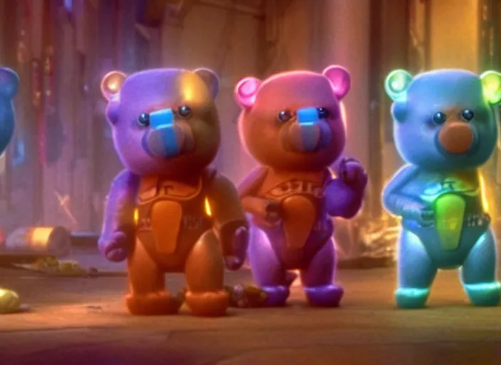 Image similar to film still of cyberpunk care bears in the fifth element movie, 4 k