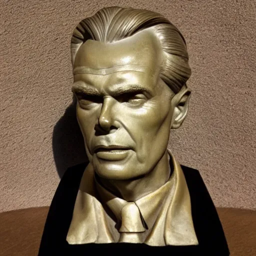 Image similar to A luminous bronze bust of Aldous Huxley.