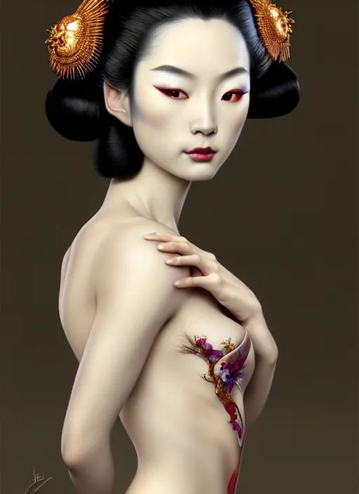 Image similar to organic Geisha portrait, pearlescent skin, diffuse lighting, fantasy, intricate, elegant pose, highly detailed, lifelike, photorealistic, digital painting, artstation, illustration, concept art, different point of view, smooth, sharp focus, art by John Collier and Albert Aublet and Leonardo da vinci and Moebius and Krenz Cushart