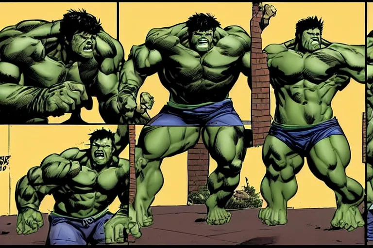 Image similar to hulking out, hulkout, turning into the hulk, comic sequence, sequential art, dynamic posing, cinematic, action, motion