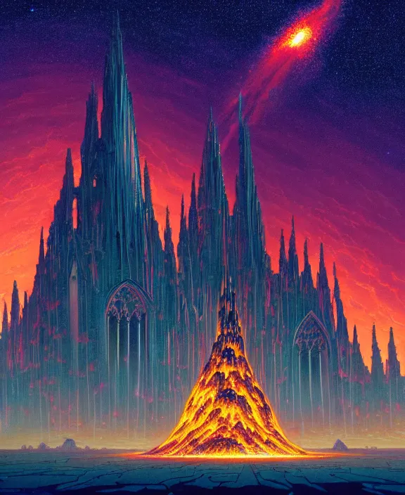Prompt: a massive cathedral made out of glass, in the style of a spaceship, milky way, hellscape, hell, fire, brimstone, lava, by dan mumford, yusuke murata, makoto shinkai, ross tran, cinematic, unreal engine, cel shaded, featured on artstation, pixiv