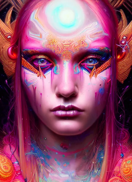 Prompt: hyper detailed ultra sharp hallucinogenic trance girl, warpaint aesthetic, synthwave, colorful, psychedelic, ornate, intricate, digital painting, concept art, smooth, sharp focus, illustration, art by tom bagshaw and greg rutkowski and hannah yata, trending on artstation 8 k