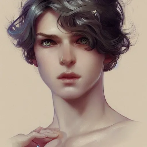 Prompt: young boy, white hair, gorgeous, amazing, feminine, elegant, intricate, highly detailed, digital painting, artstation, concept art, sharp focus, illustration, art by artgerm and greg rutkowski and alphonse mucha