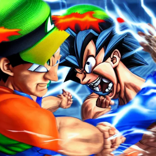 Image similar to a deadly cage match between goku and luigi, realistic, 4 k, photo real, trending on artstation