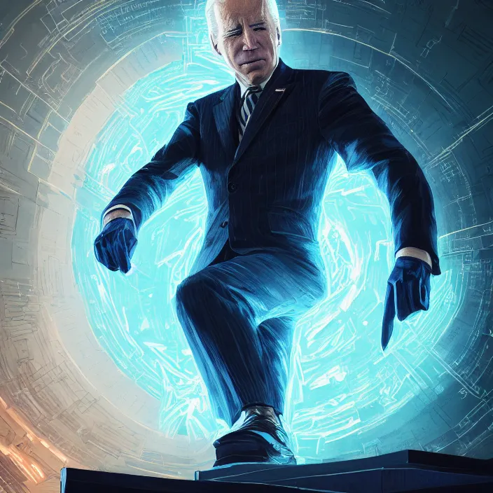 Image similar to portrait of joe biden as a glowing eyed dark wizard saving democracy in washington dc. intricate abstract. intricate artwork. by tooth wu, wlop, beeple, dan mumford. octane render, trending on artstation, greg rutkowski very coherent symmetrical artwork. cinematic, hyper realism, high detail, octane render, 8 k, iridescent accents