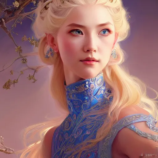 Image similar to elegant Chinese princess, D&D, blue eyes, blonde hair, fantasy, intricate, elegant, highly detailed, digital painting, artstation, concept art, smooth, sharp focus, illustration, art by artgerm and greg rutkowski and alphonse mucha