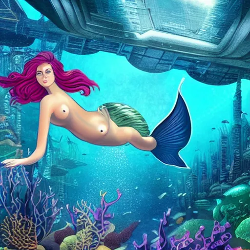 Prompt: photo of a mermaid swimming past a futuristic underwater city