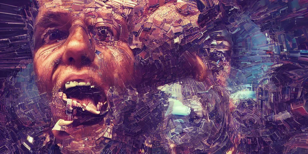 Prompt: man going insane while glitching out of reality, surreal, digital art, futuristic, crazy, chaotic, concept art, 4 k, hd, highly detailed