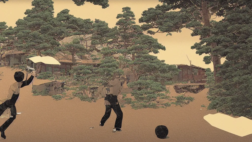 Prompt: I threw heavy objects down to kill the man, while he shot at me. I found a revolver but there were no bullets , screen print by Kawase Hasui and dan hillier, rendered in octane render 32k