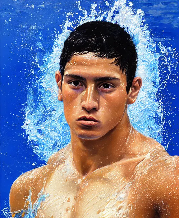 Image similar to heroic portrait of a young mexican swimmer. art by denys tsiperko and bogdan rezunenko, hyperrealism