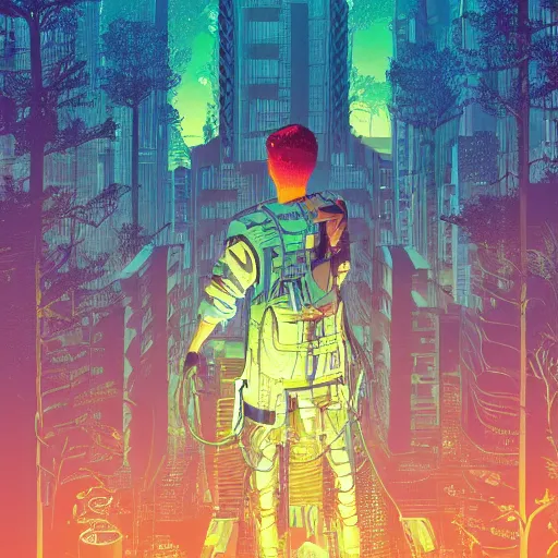 Image similar to Stunning illustration of single cyberpunk explorer overlooking lush forest , highly detailed, sunset, by Victo Ngai and James Gilleard , Moebius, Laurie Greasley