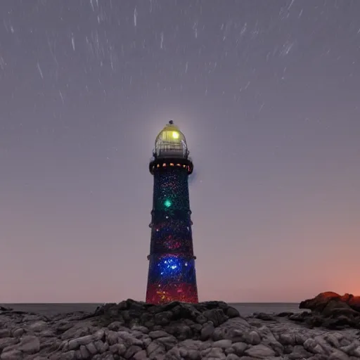 Image similar to a photo of an alien lighthouse covered in scales, lit by an eerie background glow