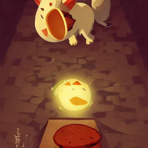 Prompt: a cat running away from a giant sandwich, artstation hq, dark phantasy, stylized, symmetry, modeled lighting, detailed, expressive, created by hayao miyazaki