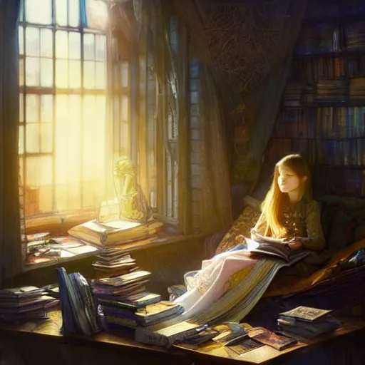 Image similar to Portrait of a girl in cluttered windowed study, reading a book while light streams in through the skylight, her pet fox sleeping beside her, fantasy, intricate, elegant, highly detailed, digital painting, artstation, concept art, smooth, sharp focus, illustration, art by Krenz Cushart and Artem Demura and alphonse mucha