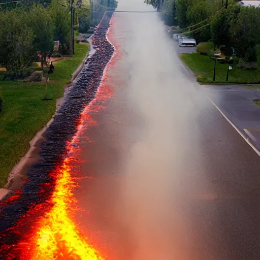 Prompt: molten lava flowing down a suburban street in America. Photo by Annie Liebowitz