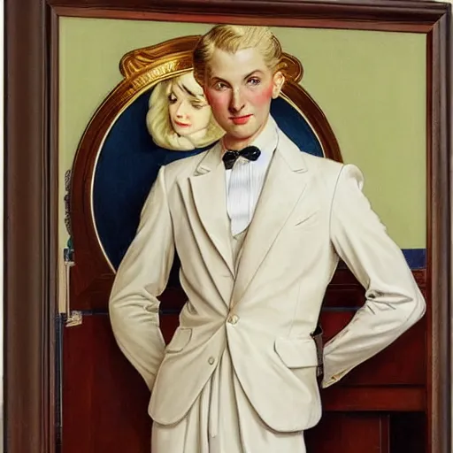 Image similar to beautiful Painting of lucius as a tailor, long blond drill curls, delicate androgynous prince, pale milky porcelain skin, sharp tan suit and waistcoat, by Leyendecker and Norman Rockwell