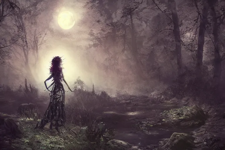 Image similar to goth woman in a moonlight view, in a forest, a river, tankoban, 4 k, tone mapping, akihiko yoshida, james jean andrei riabovitchev marc simonetti, yoshitaka amano, long hair, curly, h. hydrochaeri