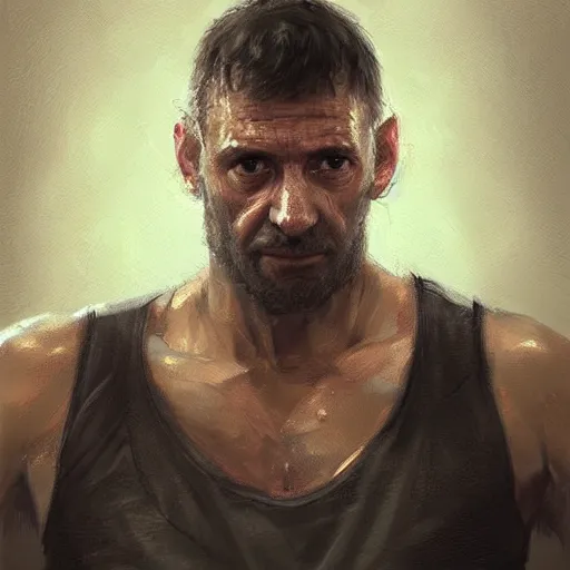 Prompt: Portrait of a man by Greg Rutkowski, he is about 40 years old, southern slav features, messy brown short hair, strong and tall, tired expression, he is wearing a black tank top, highly detailed portrait, digital painting, artstation, concept art, smooth, sharp foccus ilustration, Artstation HQ.