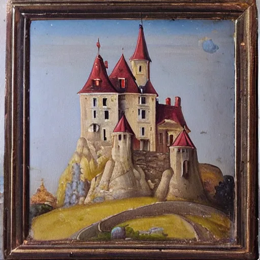 Prompt: 1 3 th century oil painting of ronald mcdonald castle