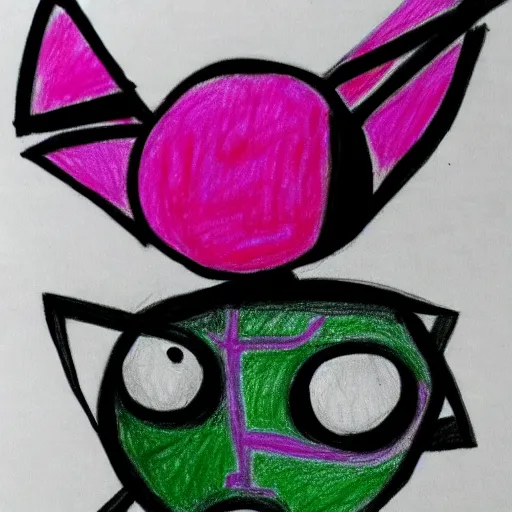 Prompt: a children's drawing of invader zim, crayon, paper,