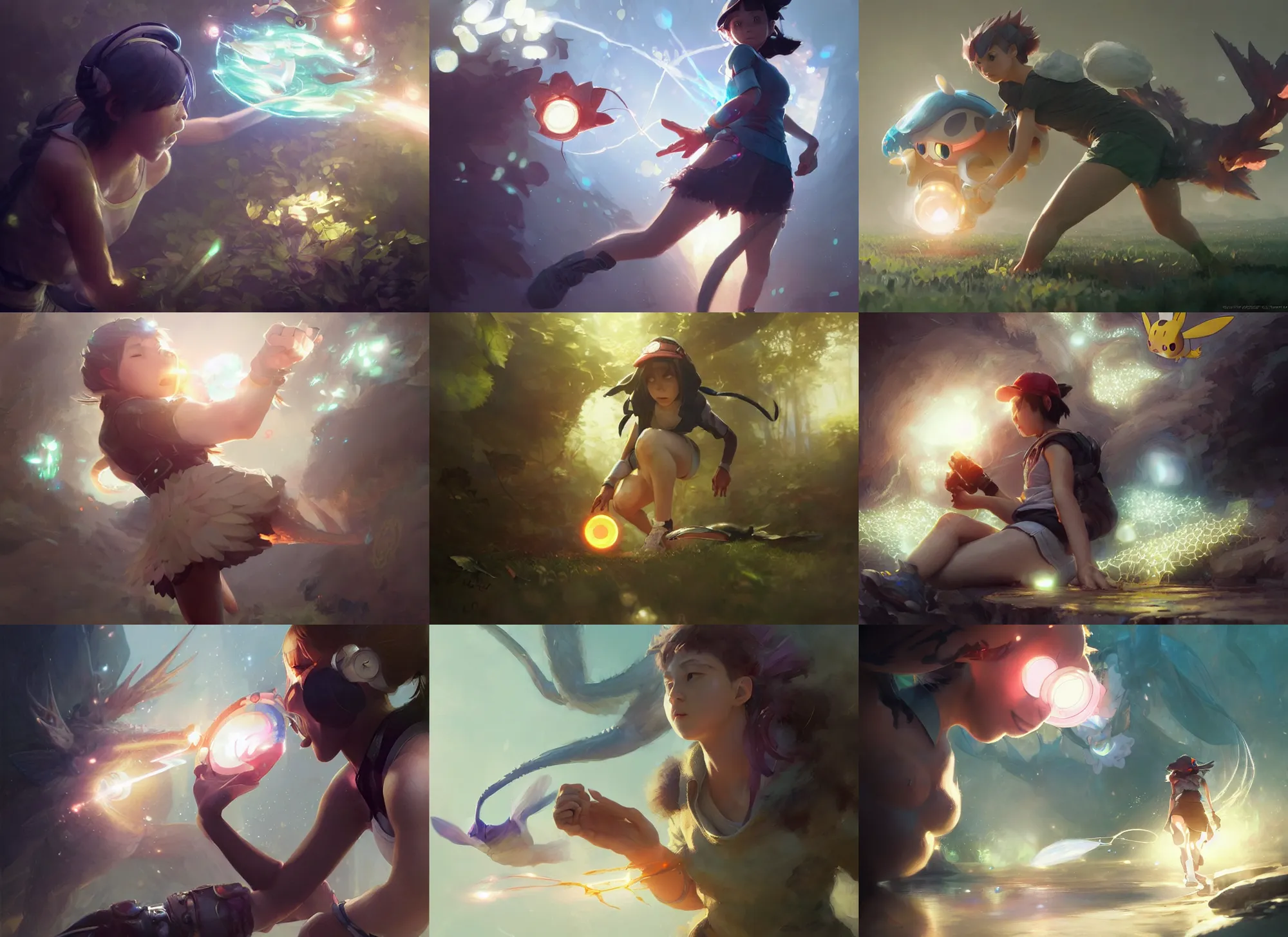 Prompt: worm's eye view of a female pokemon trainer, intricate, sharp focus, lens flare, bloom, illustration, highly detailed, digital painting, concept art, matte, art by ruan jia and wlop and greg rutkowski, masterpiece