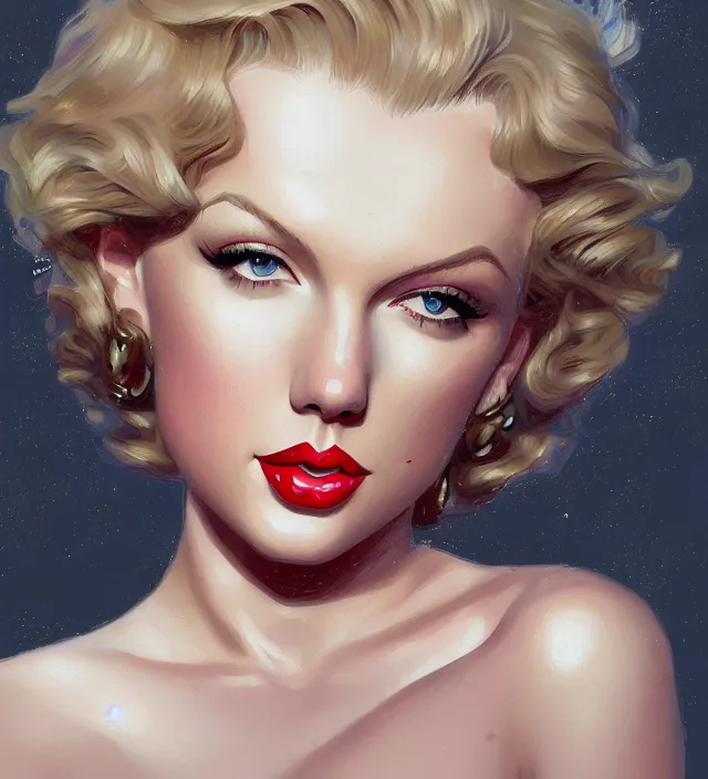 Image similar to portrait of taylor swift as a young marilyn monroe, elegant, flat lighting, intricate, highly detailed, digital painting, artstation, concept art, smooth, sharp focus, illustration, closeup, misa amane, art by simon bisley and greg rutkowski and alphonse mucha, novel cover