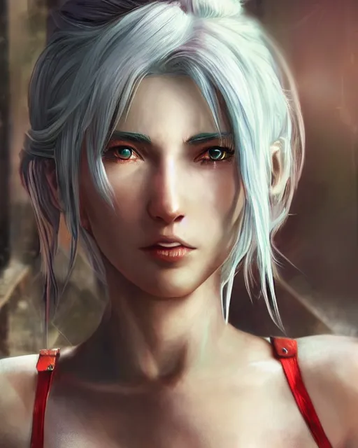 Image similar to tifa lockhart with white hair, beautiful face, garden, utopian city, solarpunk, perfect, attractive, illuminated, ultra realistic, atmosphere, cinematic, artstation, highly detailed