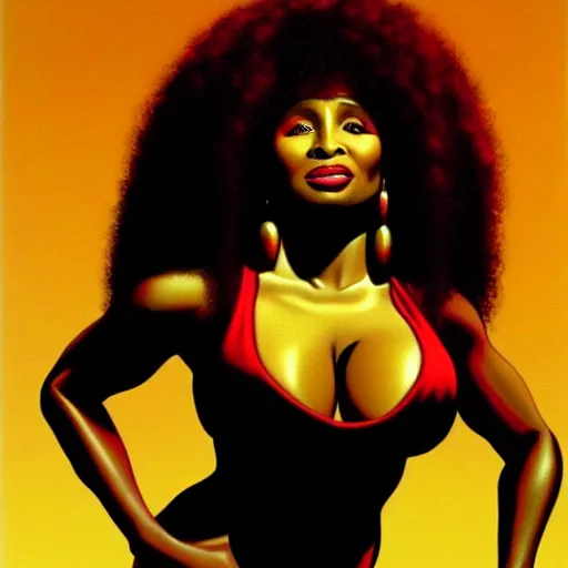 Image similar to chaka khan by clyde caldwell, very detailed, low contrast, dark background, 4 k