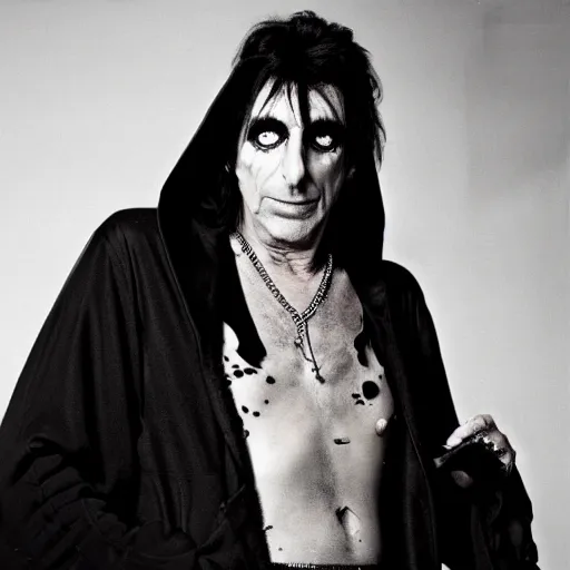 Prompt: alice cooper wearing a dark hooded robe