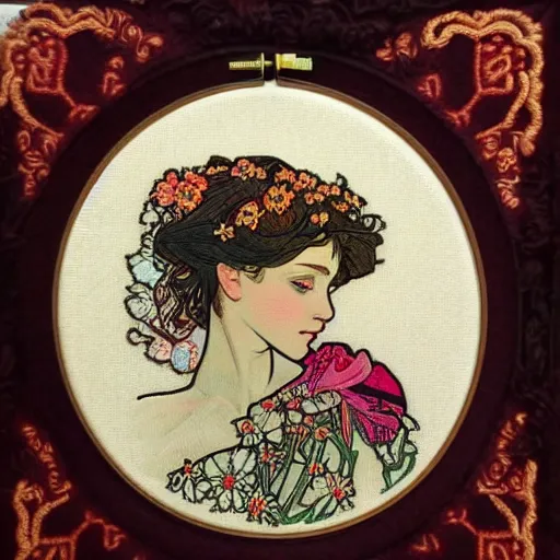 Prompt: a beautiful handmade embroidery of a woman in the style of alphonse mucha. hand embroidery.