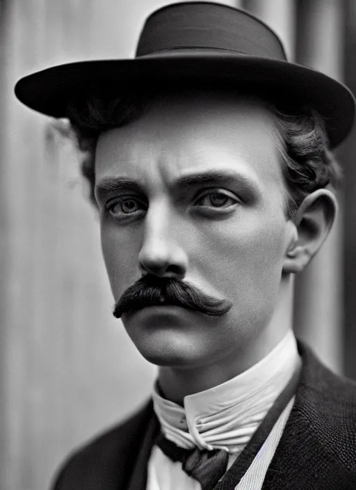 Image similar to close up portrait of a young edwardian politician on a balcony, male, edwardian, formal, detailed face, deep focus, movie still, dramatic lighting, ray tracing, by hendrik kerstens and paolo roversi