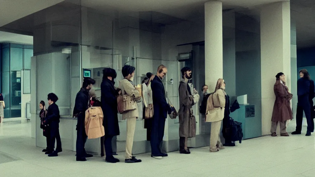 Image similar to the strange creature in line at the bank, film still from the movie directed by Denis Villeneuve with art direction by Salvador Dalí, wide lens