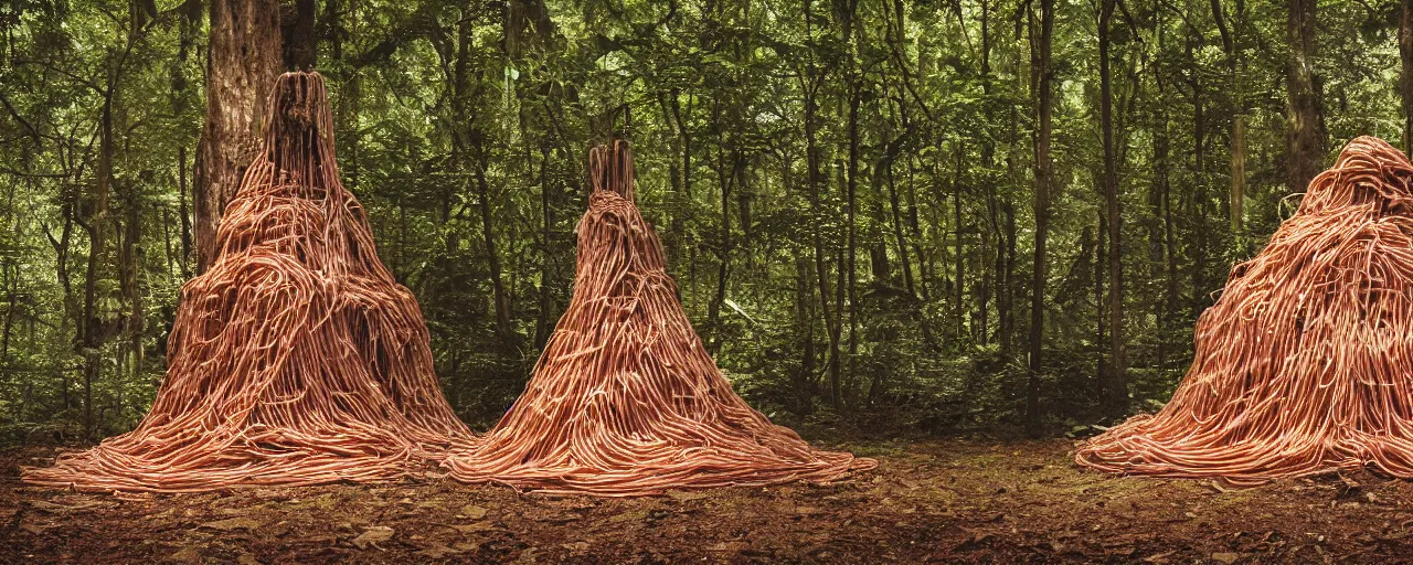 Image similar to an ancient aztec temple in the middle of the forest covered in spaghetti and meatballs, with parmesan cheese, canon 5 0 mm, cinematic lighting, photography, retro, film, kodachrome