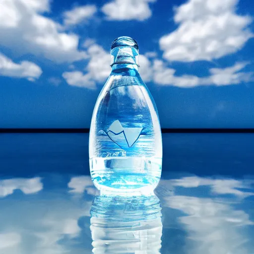 Prompt: bottle of mineral water balancing on its edge on the water surface in the center of the frame, a blue sky with clouds from above, minimalistic and beautiful, award winning, Artstation, intricate details, realistic, Hyperdetailed, 8k resolution