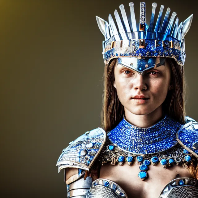 Image similar to photo of a beautiful warrior queen wearing sapphire encrusted armour, highly detailed, 8 k, hdr, smooth, sharp focus, high resolution, award - winning photo