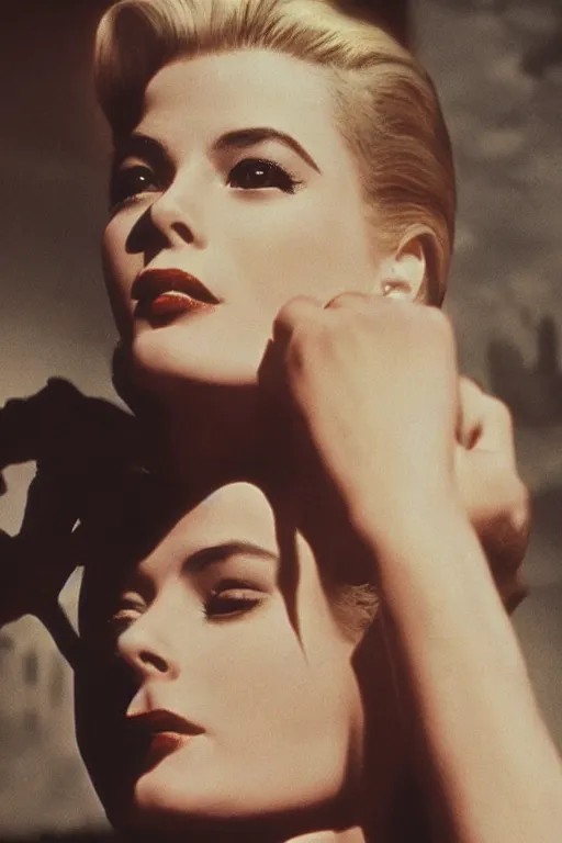 Prompt: a young, enraged, and extremely beautiful grace kelly infected. she wants to kill you. insanity. extremely lush detail. melancholic scene infected by night. perfect composition and lighting. sharp focus. rage. high - contrast lush surrealistic photorealism. screaming, murderous.