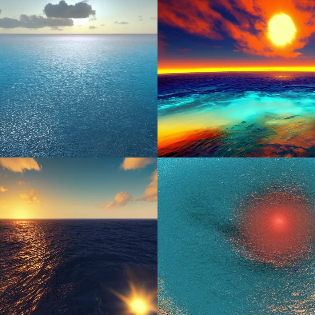 Prompt: Digital landscape art of half the Sun inside the ocean, unreal engine, 3d render, 4k