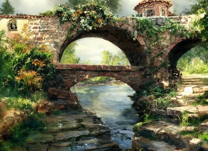 Image similar to watercolor of rustic stone bridge with mural, ivy, summer daylight, bright clear day, clouds, high detailed art by dennis miller bunker, work by anders zorn, wonderful masterpiece by greg rutkowski, beautiful cinematic light, american romanticism by greg manchess, creation by tyler edlin