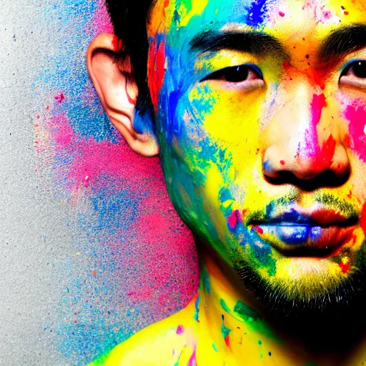 Prompt: a portrait of abstract asian guy's face with full of paint on the face