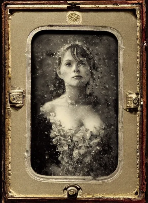 Image similar to old wetplate daguerreotype portrait of an ages women, explosion of data fragments, fractal, intricate, elegant, highly detailed, parallax, leica, medium format, subsurface scattering, by jheronimus bosch and greg rutkowski and louis jacques mande daguerre