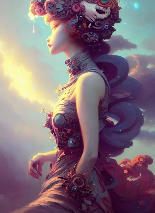Prompt: close up picture of an maximalist dress girl, neat hair, extremely beautiful and aesthetic and detailed cute face and eyes, with cute familiar sprites, chiaroscuro, intricate, masterpiece, fantasy illustrations by peter mohrbacher and anato finnstark and jeremy lipking