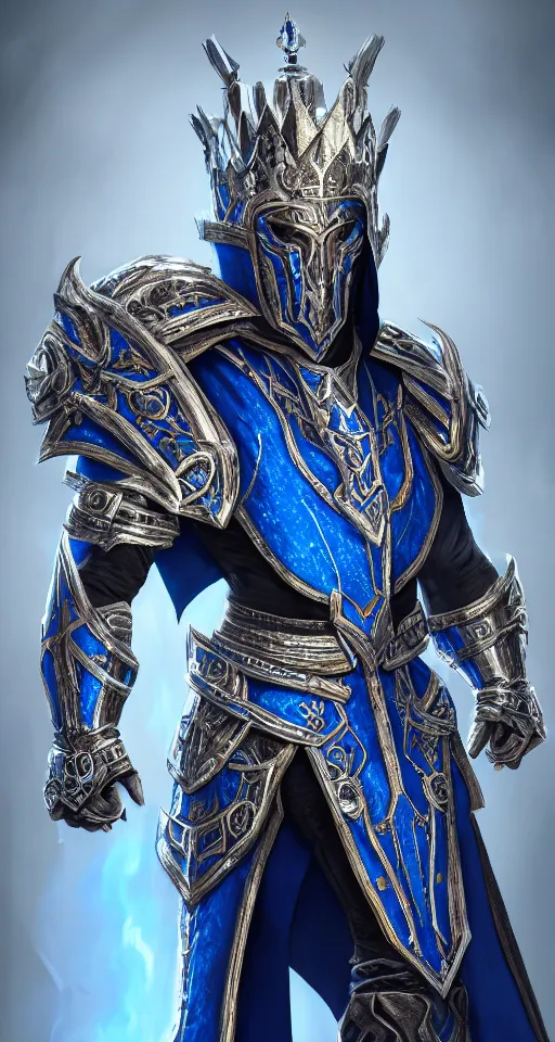 Prompt: concept art, full body portrait of king sorcerers, ornate, Blue and silver, armor, robes, Hyperrealistic, 4K, Unreal Engine, Highly Detailed, Dramatic Lighting