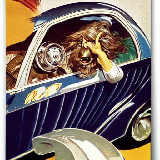 Image similar to a big nose with a wig driving a car, in the car wash. funny humorous surrealist illustration by j. c. leyendecker, detailed art