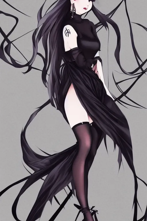 Prompt: pretty gothic lady wearing a tight black ornated dress and black stockings, fullbody art, drawn by WLOP, by Avetetsuya Studios, anime still, trending on artstation