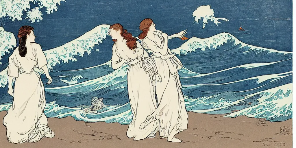 Prompt: two young edwardian women wearing white dresses hold hands on a beach in Sweden, in the style of Anders Zorn, waves in the style of the great wave off kanagawa by Hokusai