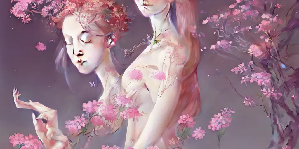 Image similar to breathtaking delicate many detailed concept art with flowers and girls, by hsiao - ron cheng, bizarre compositions, exquisite detail, pastel colors, 8 k