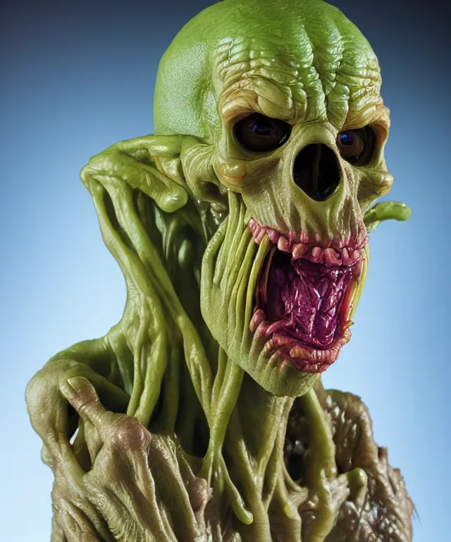 Image similar to hyperrealistic rendering, cronenberg flesh monster skeletor by art of skinner and richard corben and jeff easley, product photography, action figure, sofubi, studio lighting, colored gels