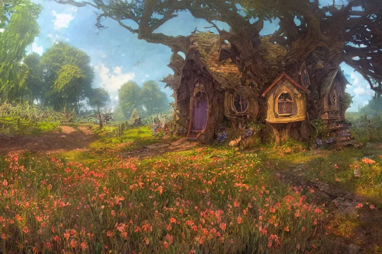 Image similar to wide angle view, a beautiful digital painting of a fairy house in plains, bright sunny day, woodline, magical, by greg rutkowski, brian froud, marc simonetti, jean - baptiste monge, mucha, symmetry, complementary colors, ink illustration, trending on artstation