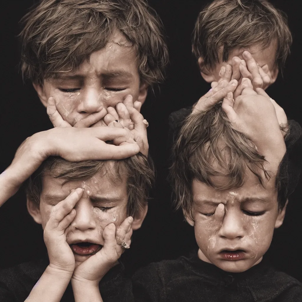 Prompt: a crying boy, black background, official valentino editorial, highly detailed, in the style of annie leibovitz