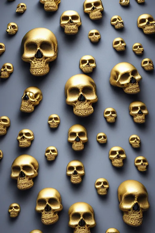 Image similar to 3 d render by daniel arsham of melting solid gold skulls, reflective, volumetric lighting, on clean white background